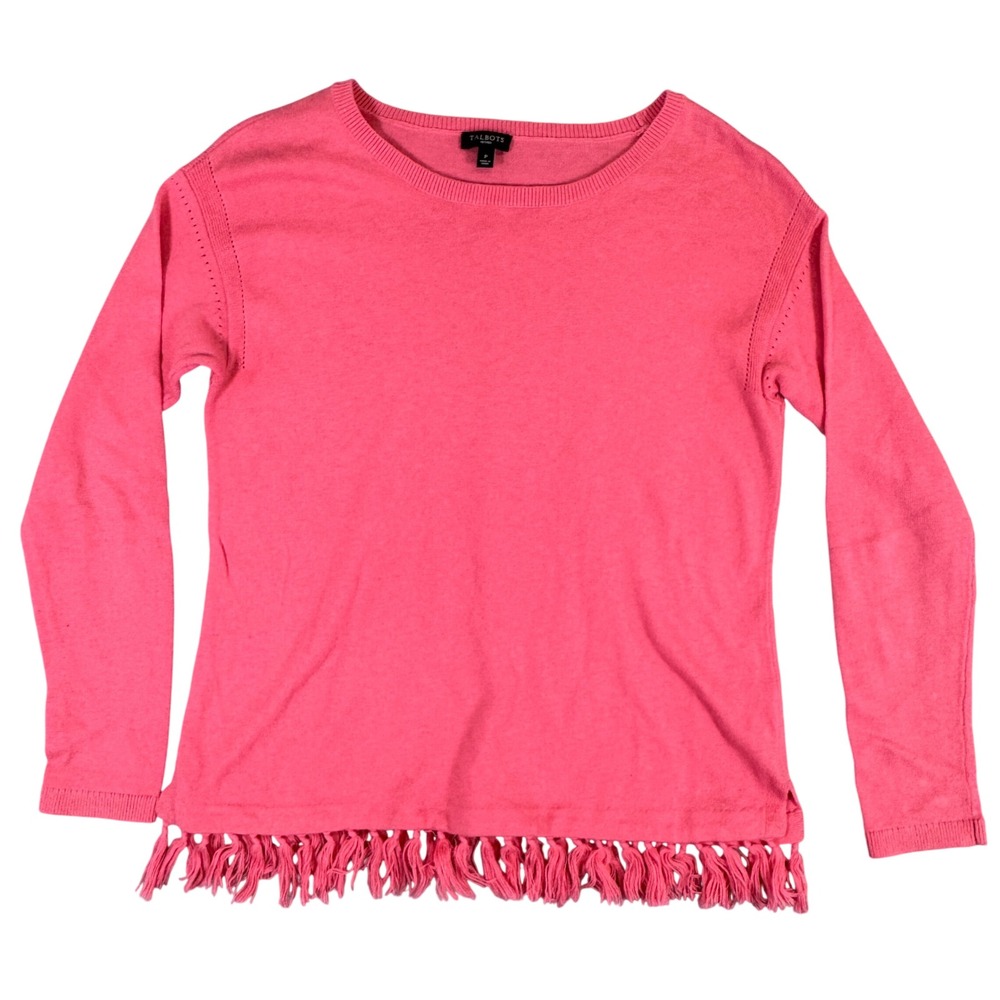 Talbots Petites Pink Long Sleeve Tassel Fringe Hem Pointelle Sweater P